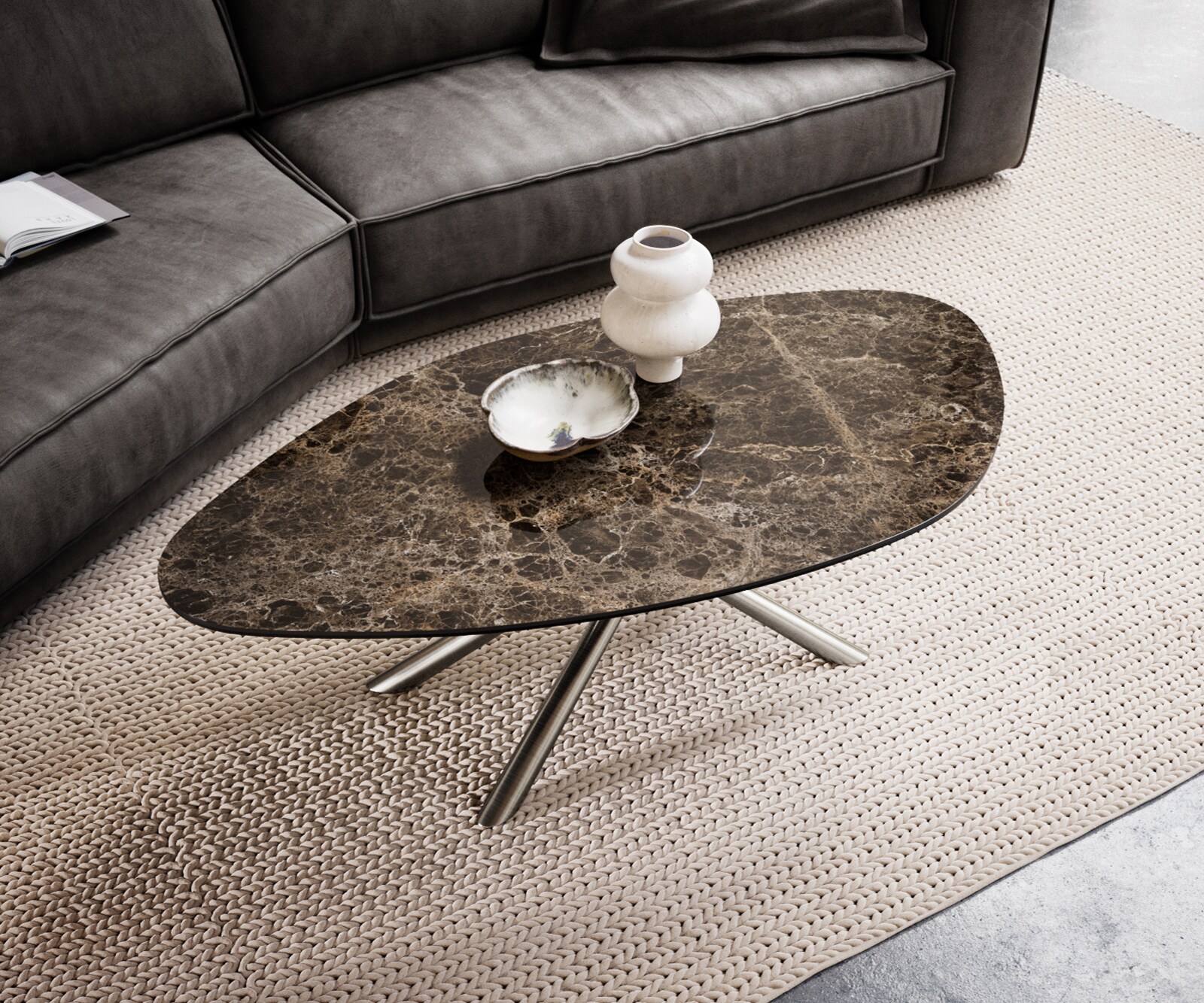 Масичка за кафе Edge Organic 140x76 cm Керамичен ламинат® Emperador Extra Lucidato Тъмнокафяво Sarity Матирана неръждаема стомана 4