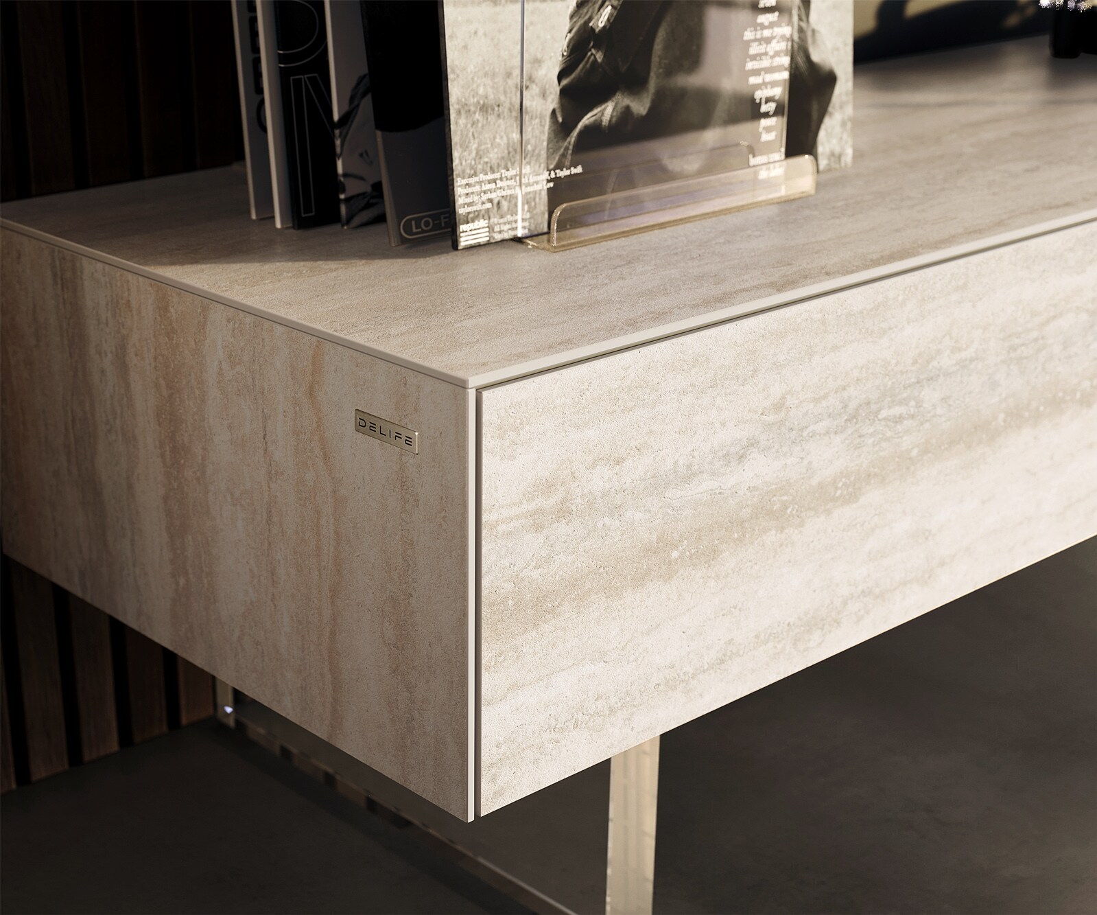 Ниска дъска Cuor 150 cm Керамичен ламинат® Travertino Bianco Крем-бяло 1 клапа 1 чекмедже Основа Плаващ вид акрилно стъкло 6