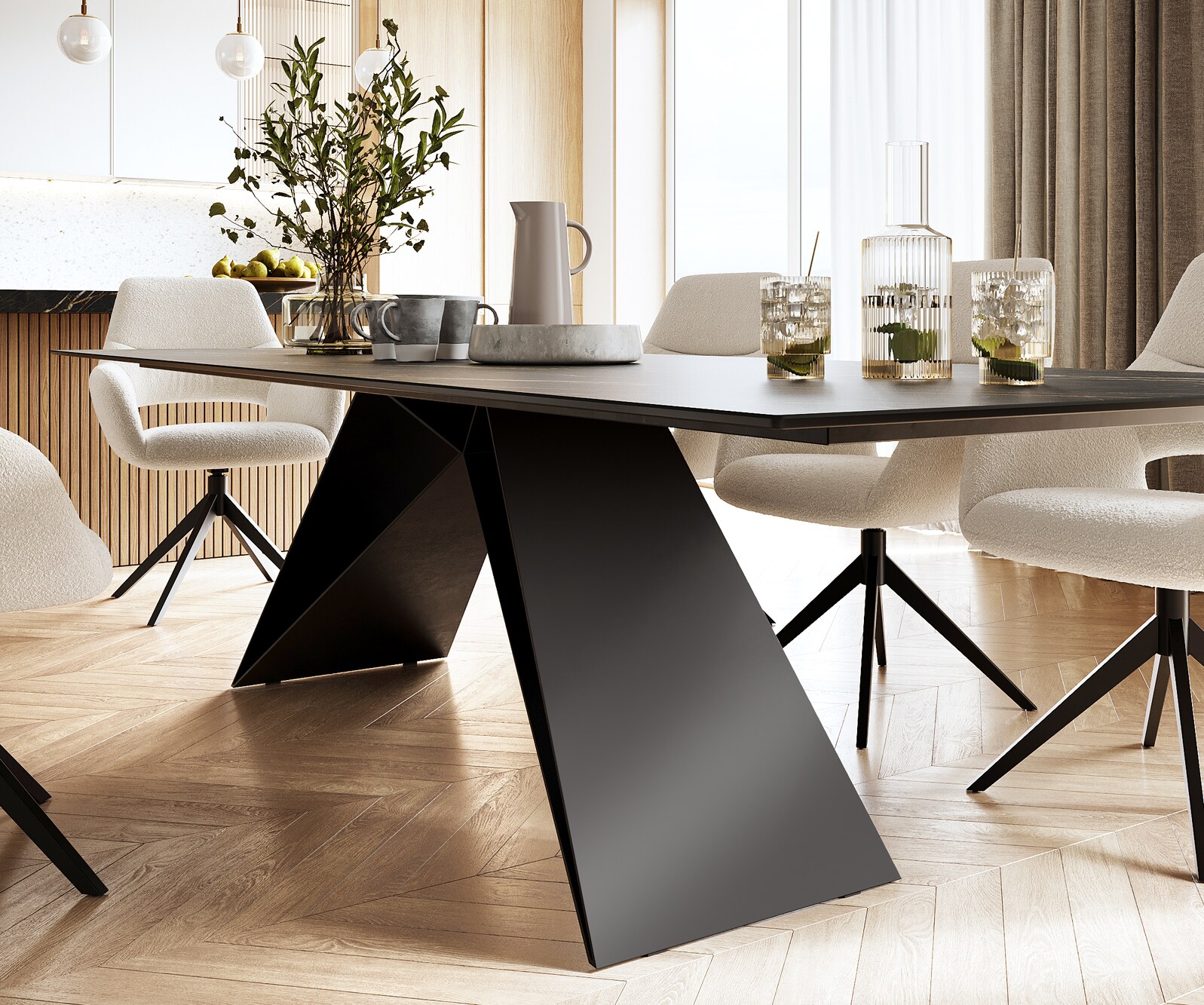 Маса 300x100cm Keramik Laminam®Noir Desir Кафяв V-среден крак Черен Edge 4