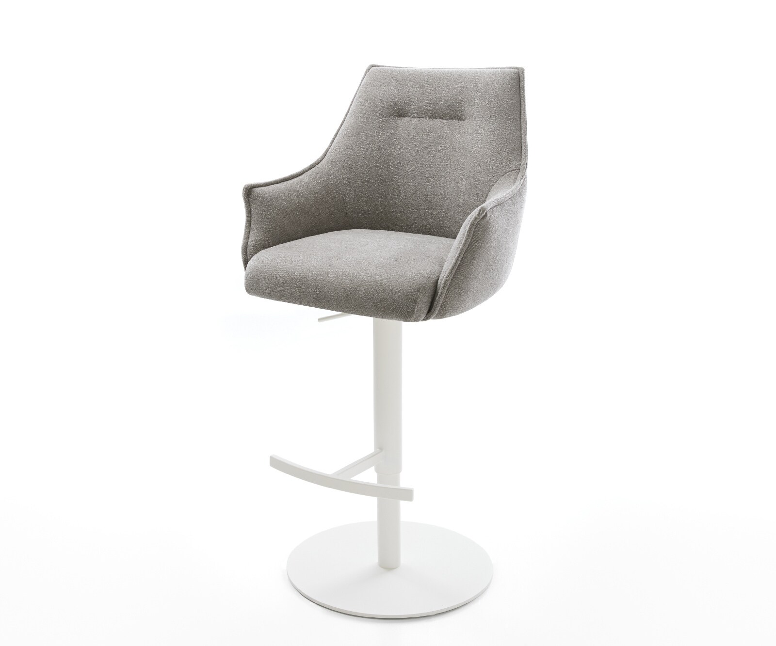 Бар стол Alja-Flex текстуриран плат в меко сиво, въртяща се основа регулируема по височина метална, сърцевина с бели джобни пружини