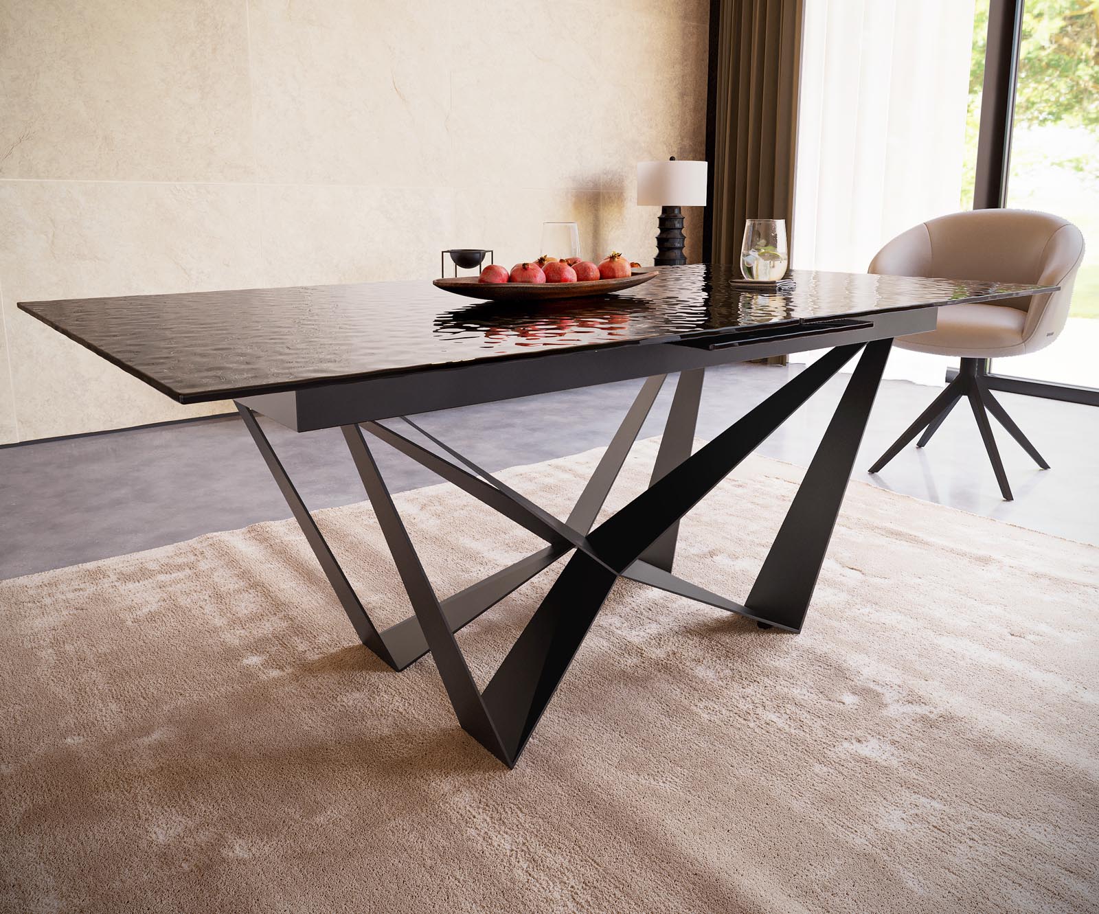 Маса 180-220x100 РелефноСтъкло ОпушеноЧерен 3D-Design Spider плоска стомана Черен разтегателна Edge 4