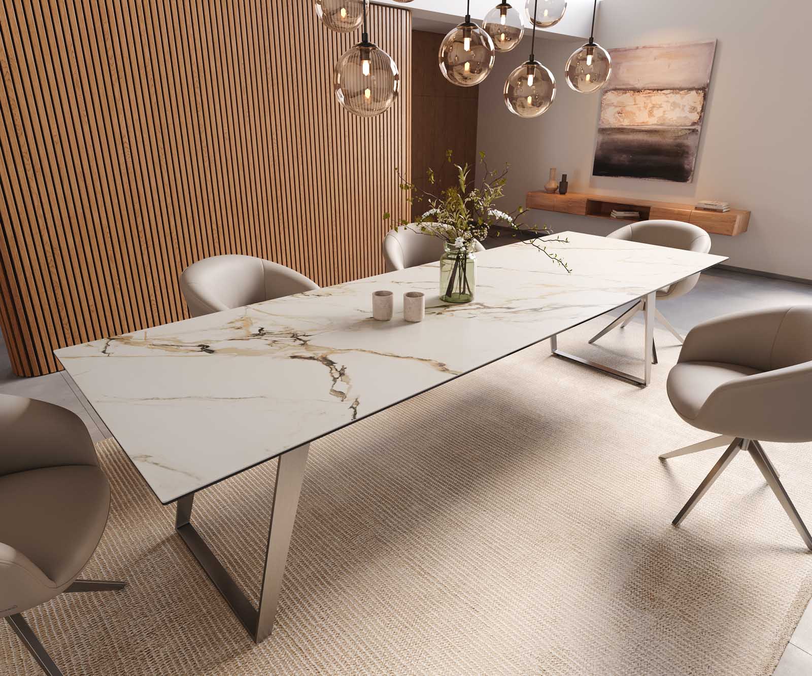Трапезна маса Edge 300x100, керамика Calacatta Luxe, бяло-златно-сиво, неръждаема стомана, наклонена 1