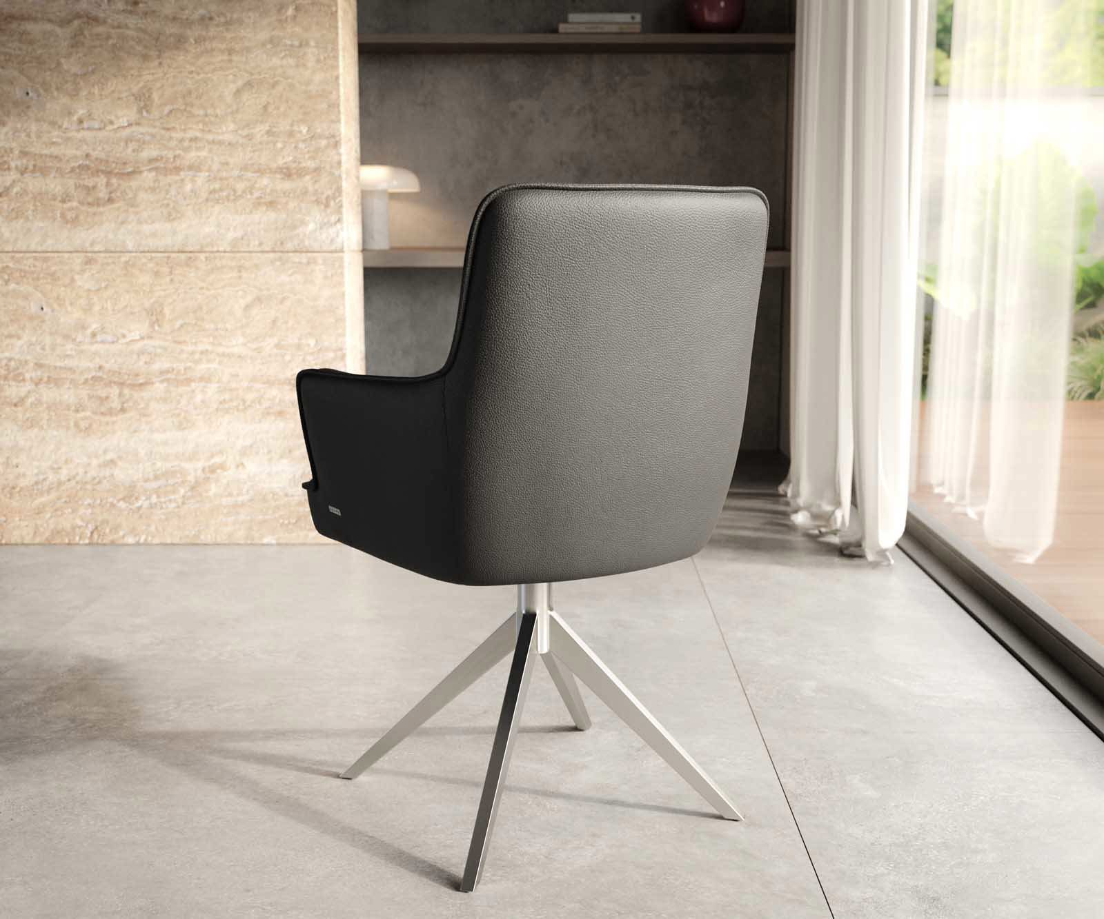 Врътящ се стол с подлакътници Естествена кожа Черен Конус крак плосък Неръждаема стомана 360° въртящ се Покет пружина Heira-Flex 3 Врътящ се стол с подлакътници Естествена кожа Черен Конус крак плосък Неръждаема стомана 360° въртящ се Покет пружина Heira-Flex 3