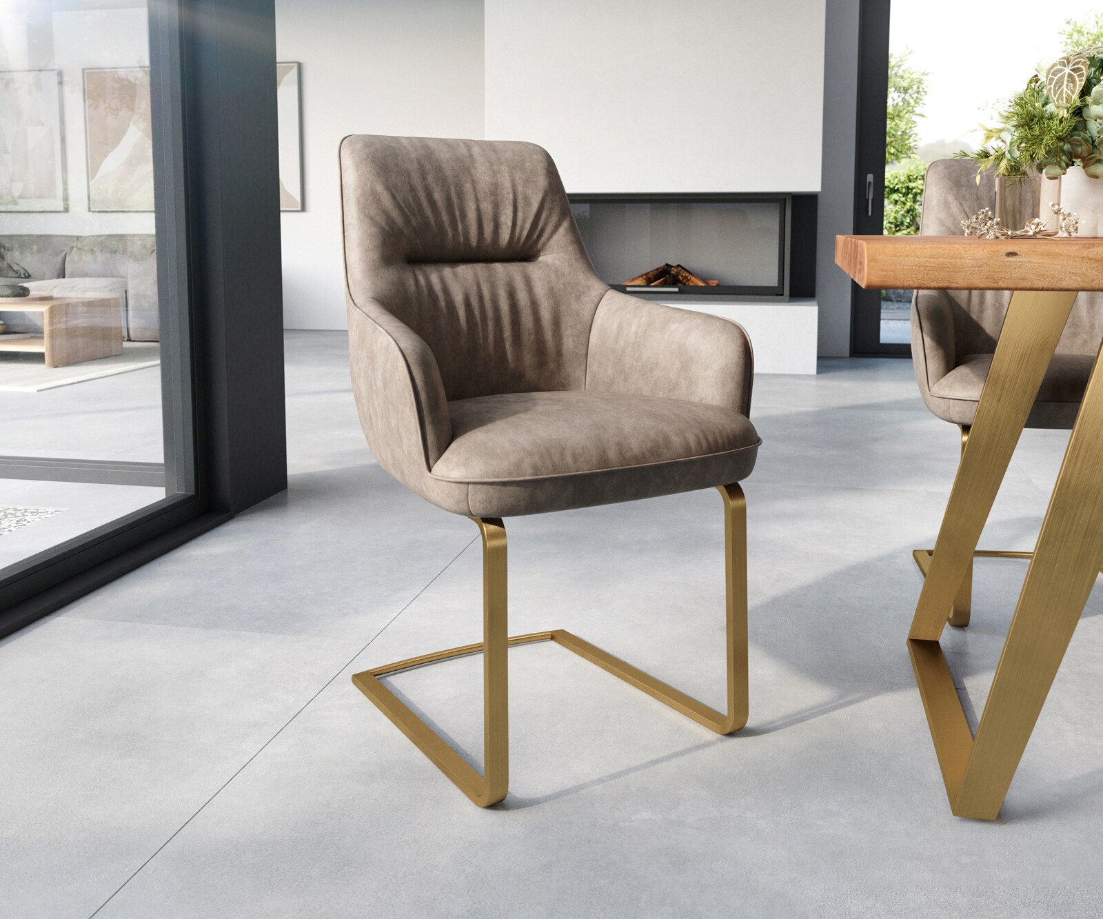 Люлеещ стол с подлакътници Таупе Винтидж Конзолен крак плосък Злато  Покет пружина Zelia-Flex