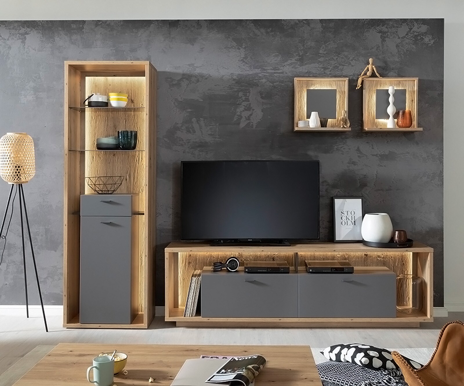  45x20 cm Дъб Визия 2-ка Сет Рафт  LED Осветление Lome