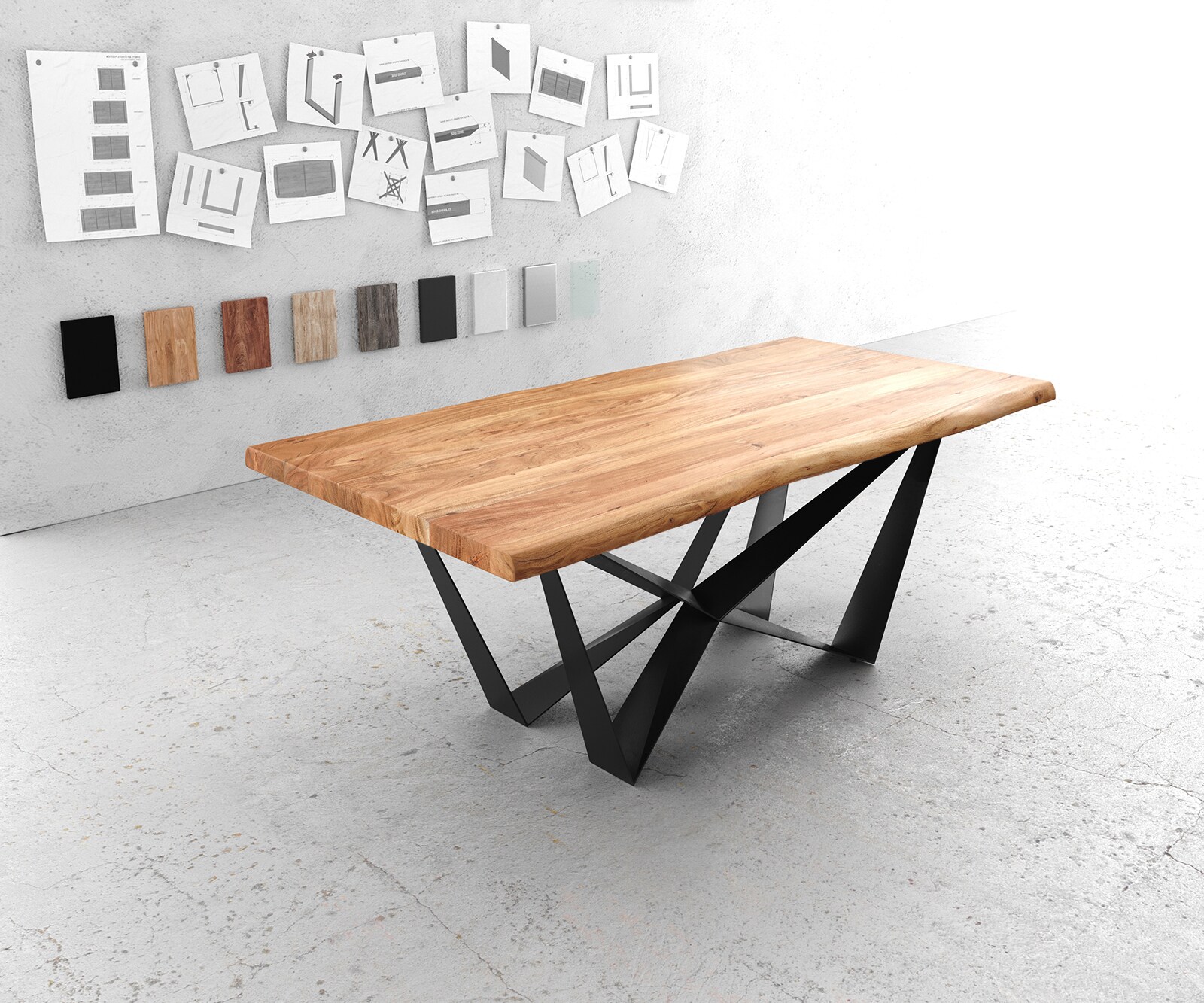 Маса 200x100 XL Акация Натурал Spider плоска стомана Черен Edge