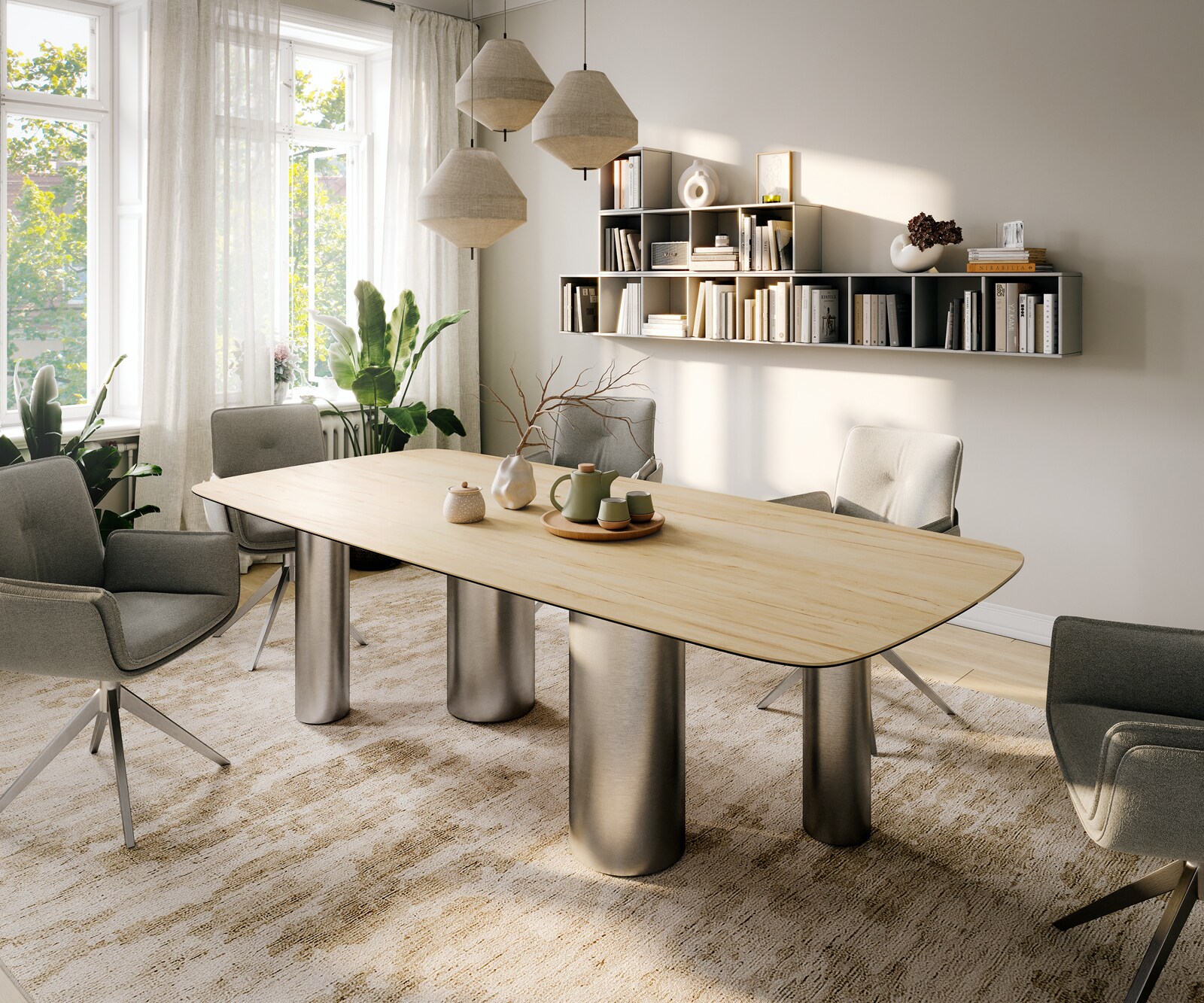 Трапезна маса Edge Boot 260x120 см, керамика Laminam „®“ в цвят „Sabbia“ (дъбов), с крака „Pilier“ от матирана неръждаема стомана 1