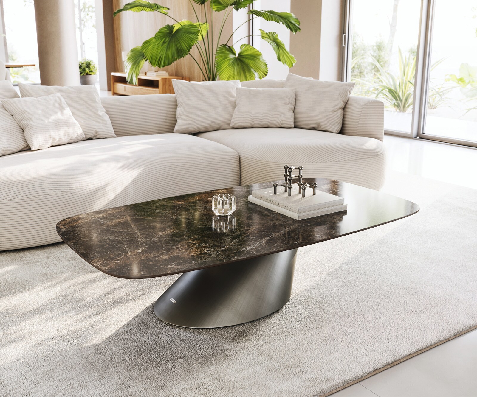 Масичка за кафе Edge Boot 140x80 cm керамика Laminam® Emperador Extra Lucidato тъмнокафяво Conis Metallic Silver 1