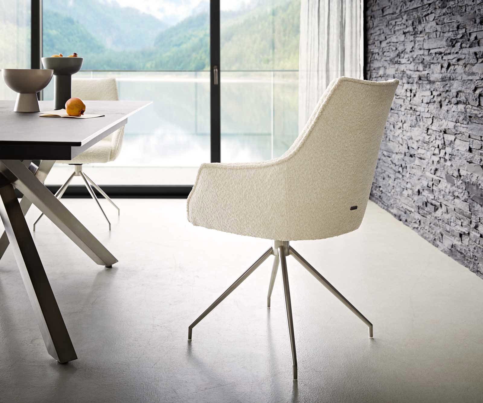 Врътящ се стол с подлакътници Букле Бял Конус крак кръгъл Неръждаема стомана 180° въртящ се Покет пружина Alja-Flex 5 Врътящ се стол с подлакътници Букле Бял Конус крак кръгъл Неръждаема стомана 180° въртящ се Покет пружина Alja-Flex 5