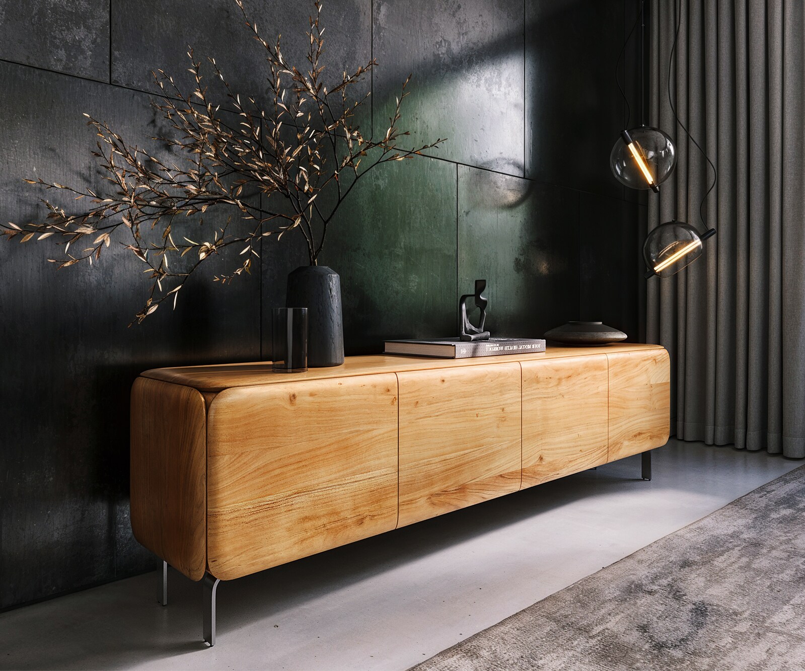 Нисък шкаф Shavani 200 см, естествена акация, 4 врати L-крак от неръждаема стомана сребро