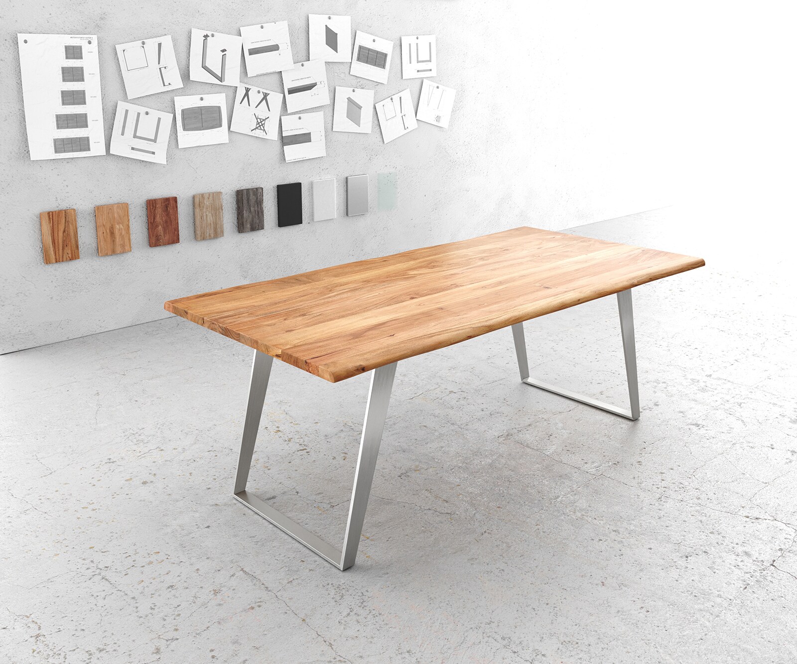 Маса 200x100cm Акация Натурал Неръждаема стомана Сребрист под ъгъл Edge 1