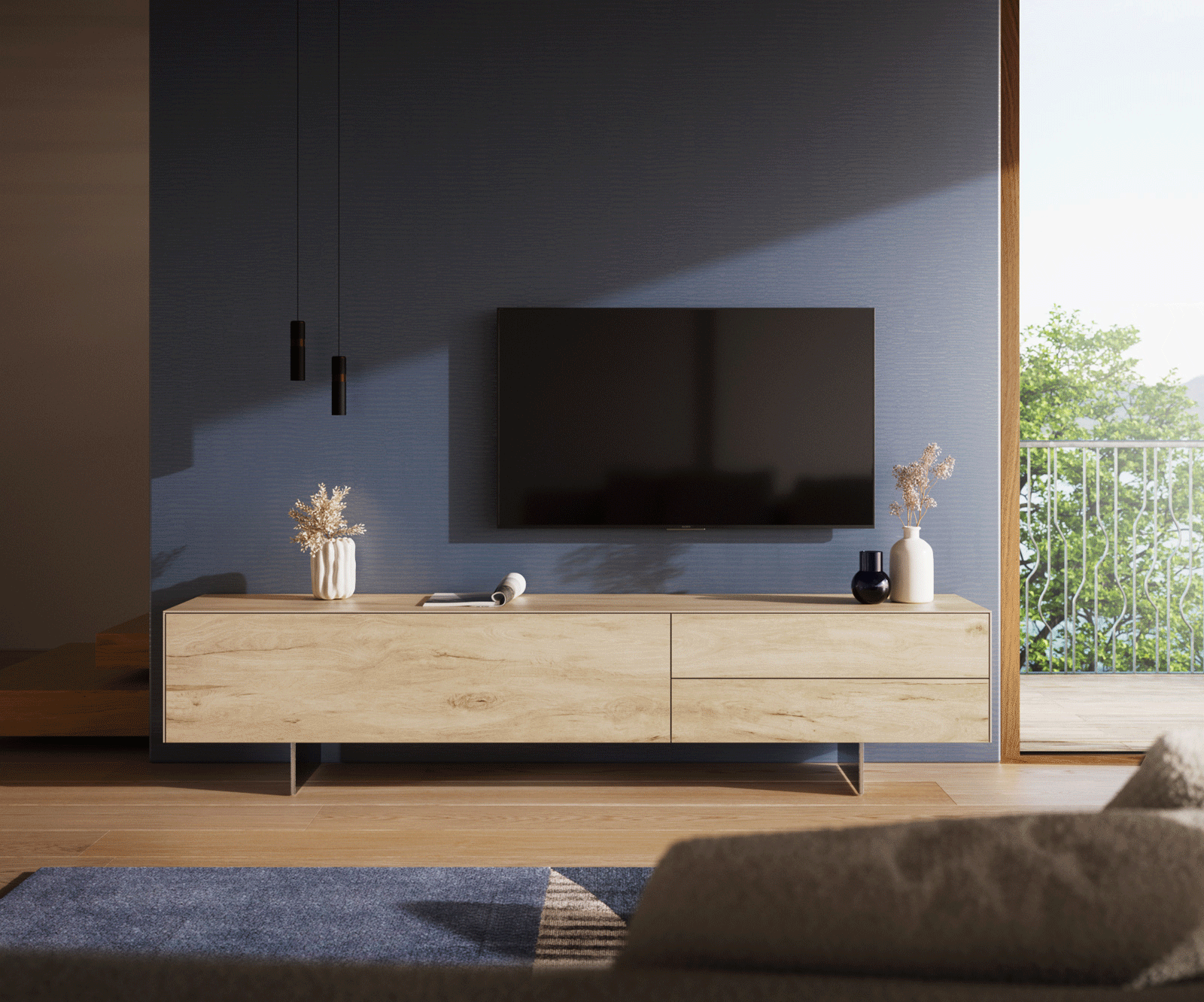 ТВ шкаф Cuor 220 см Керамика Laminam® Sabbia Дъбов цвят 1 врата 2 чекмеджета Основа неръждаема стомана 2