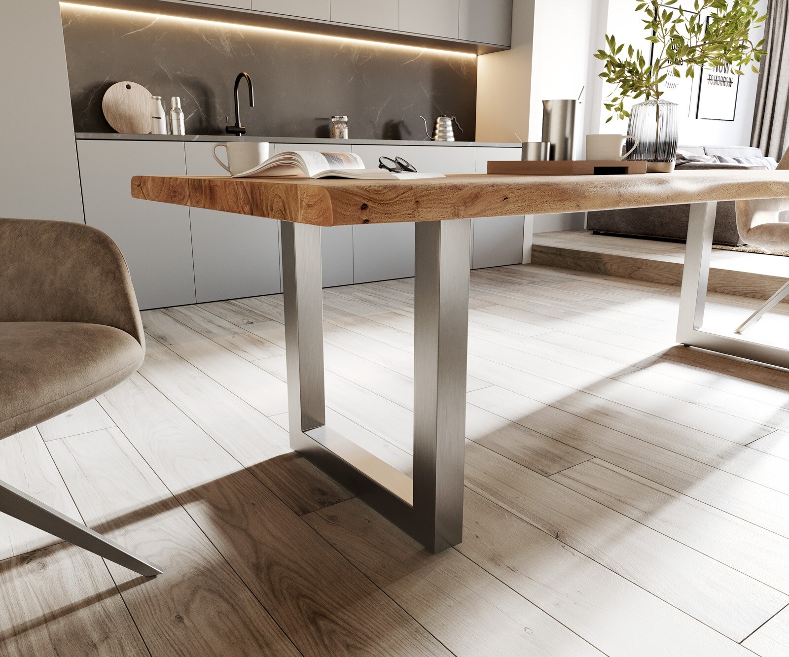 Трапезна маса Edge 260x100 XL от естествена акация, неръждаема стомана, широка, с естествени ръбове 5