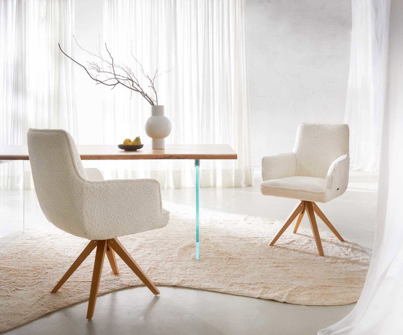 Врътящ се стол с подлакътници Букле Бял Дървена рамка  Натурал 180° въртящ се Покет пружина Heira-Flex 5 Врътящ се стол с подлакътници Букле Бял Дървена рамка  Натурал 180° въртящ се Покет пружина Heira-Flex 5