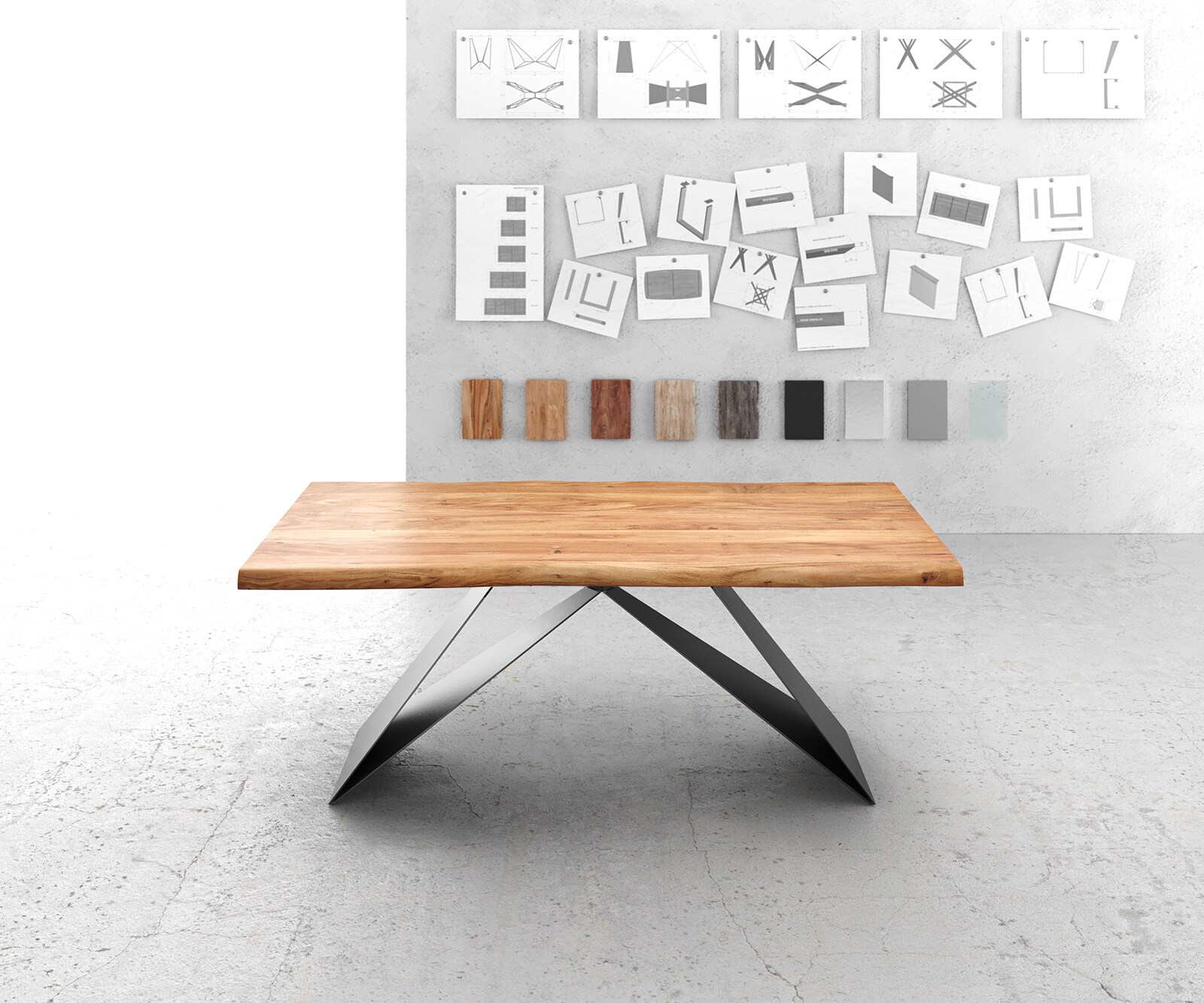 Маса 200x100 XL Акация Натурал V-Рамка плоска стомана Черен Edge 2