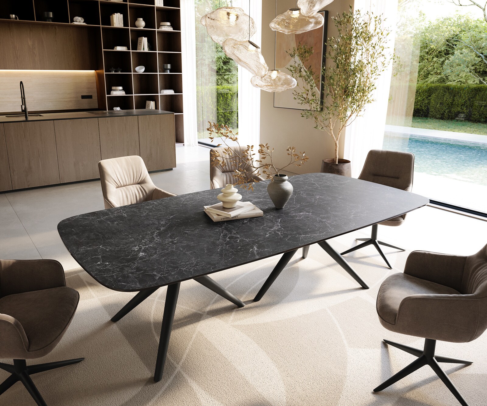 Трапезна маса Edge Boot 240x120 см, керамика Laminam „®“, „Nero Greco“, „Anthrazit“, „Estelar“, кръгла, метал, черна 1