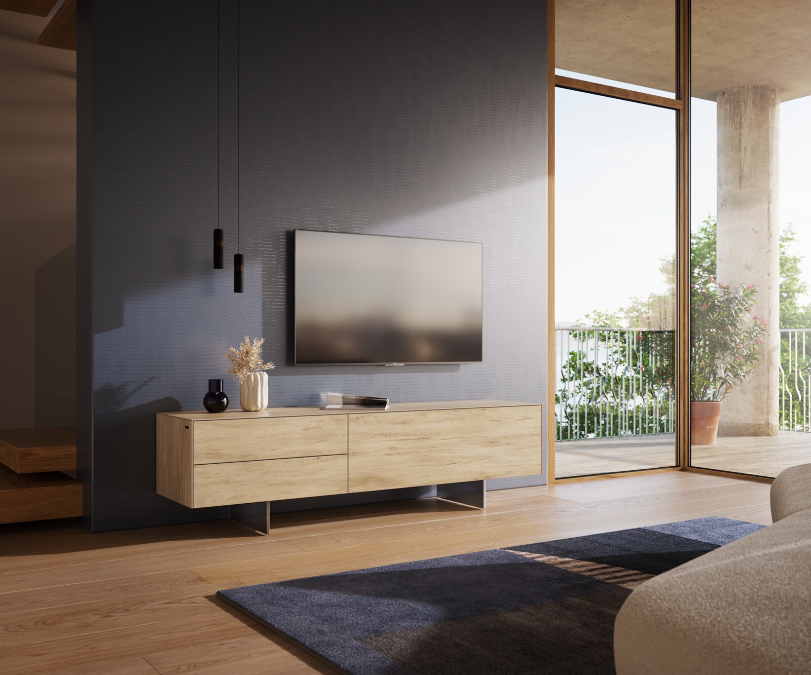 ТВ шкаф Cuor 180 см Керамика Laminam® Sabbia Дъбов цвят 1 врата 2 чекмеджета Основа Неръждаема стомана 1