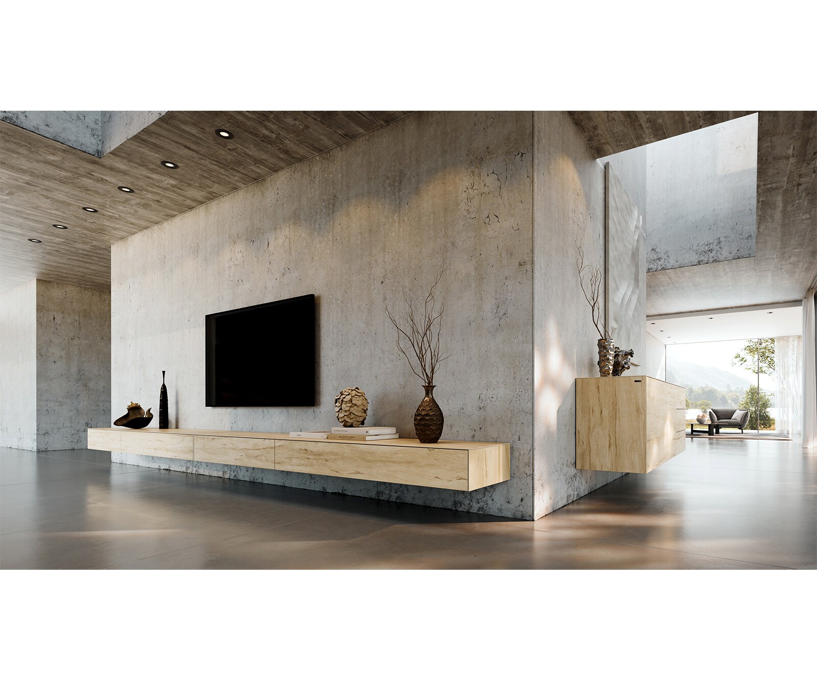 ТВ шкаф Cuor 150 см Керамика Laminam® Sabbia Дъбов цвят 1 врата 1 чекмедже Основа Акрилно стъкло 6