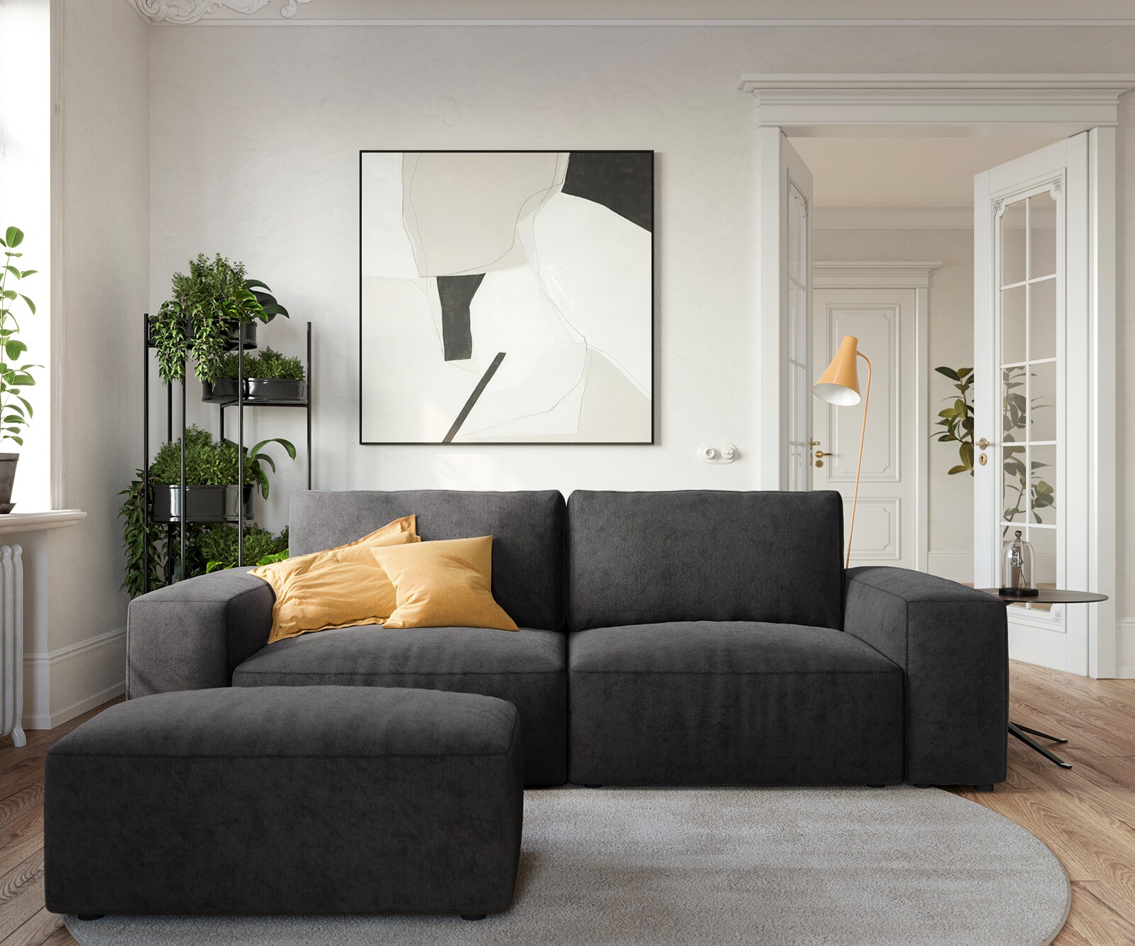 Голям диван Lanzo L 230x95 см Микрофибър Черен с табуретка 1