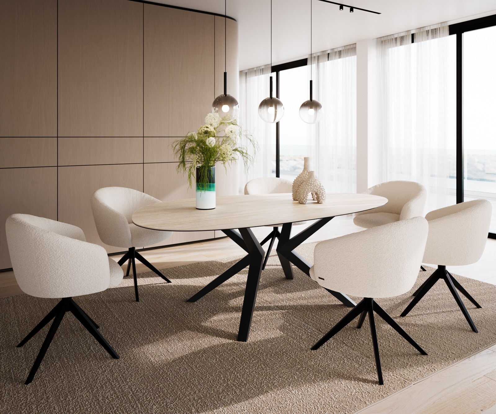 Трапезна маса Edge Oval 220x120, керамика Laminam „®“, Travertino Bianco, кремаво-бяло​, Zenthara, с остри ръбове, метал, черно 6