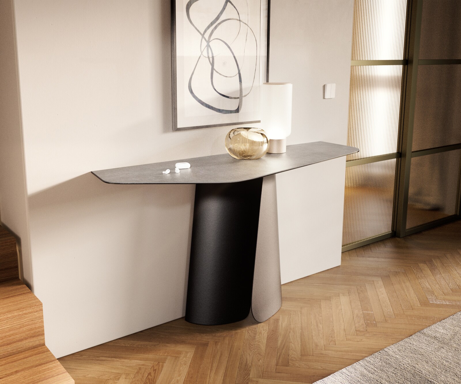Конзолна маса Edge Polygonal 140x50 см, керамика и бетон в сиво, метал Spios в черно 4