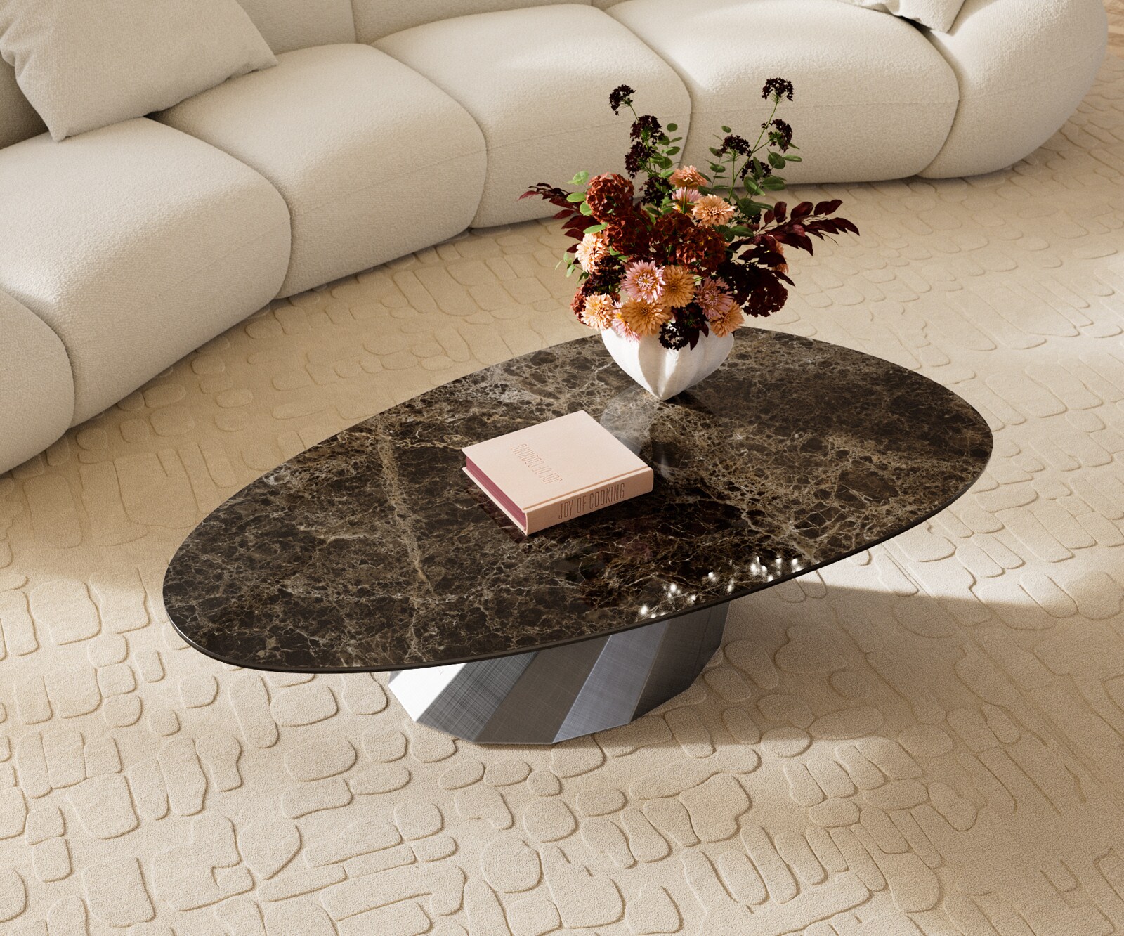 Масичка за кафе Edge Oval 140x75 cm керамика Laminam® Emperador Extra Lucidato Тъмно кафяво Parabi Сребрист металик 3