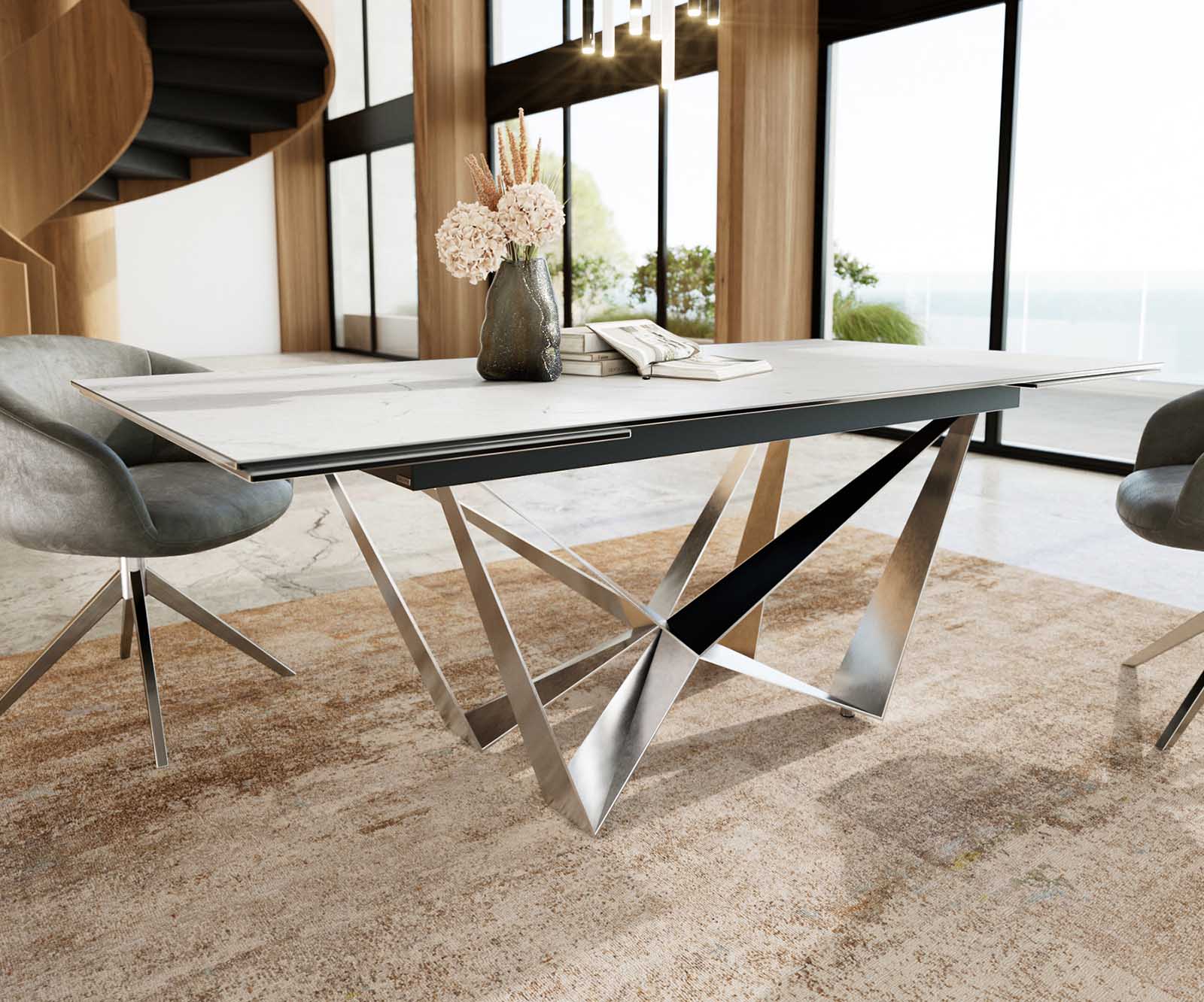 Разтегателна трапезна маса Edge 200-300х100 см Керамика Laminam®Statuarietto Бял Основа стомана тип Spider Сребристосив цвят 5