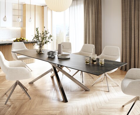 Трапезна маса Edge 300x100 см, керамика Laminam „®“, Noir Desir, кафява, с кръстовидна рамка, правоъгълна, от неръждаема стомана