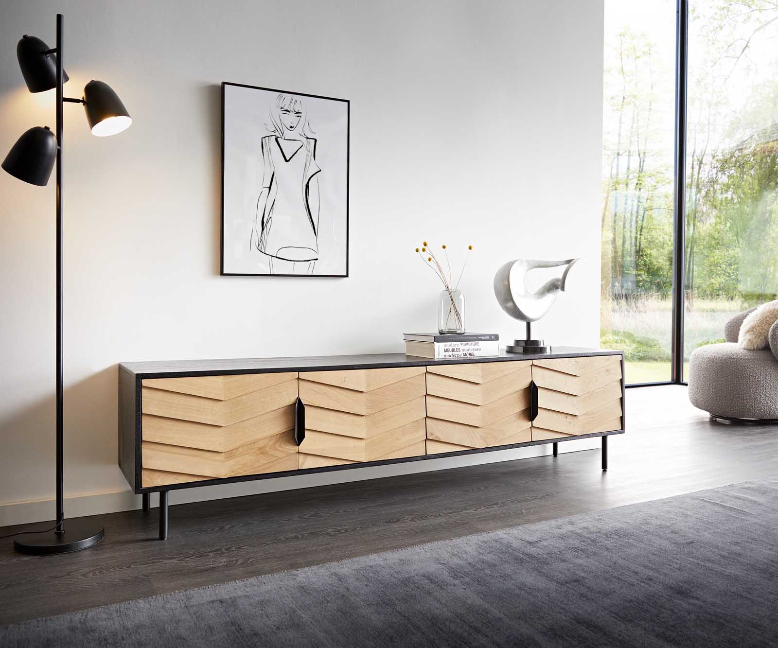 ТВ шкаф Muvi 200 cm естествен дъб манго черен метал 4 врати 1