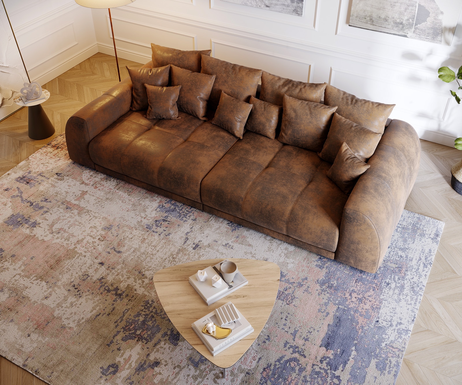 Голям диван 310x135 cm Кафяв Античен вид с възглавници Violetta 3 Голям диван 310x135 cm Кафяв Античен вид с възглавници Violetta 3