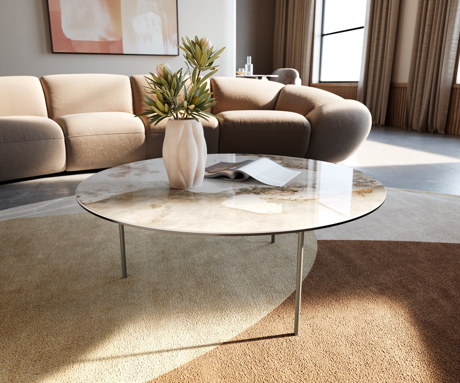 Масичка за кафе Edge, кръгла, 90x90 cm, керамика Minas Melange Trive, метален ефект, покритие титан 1