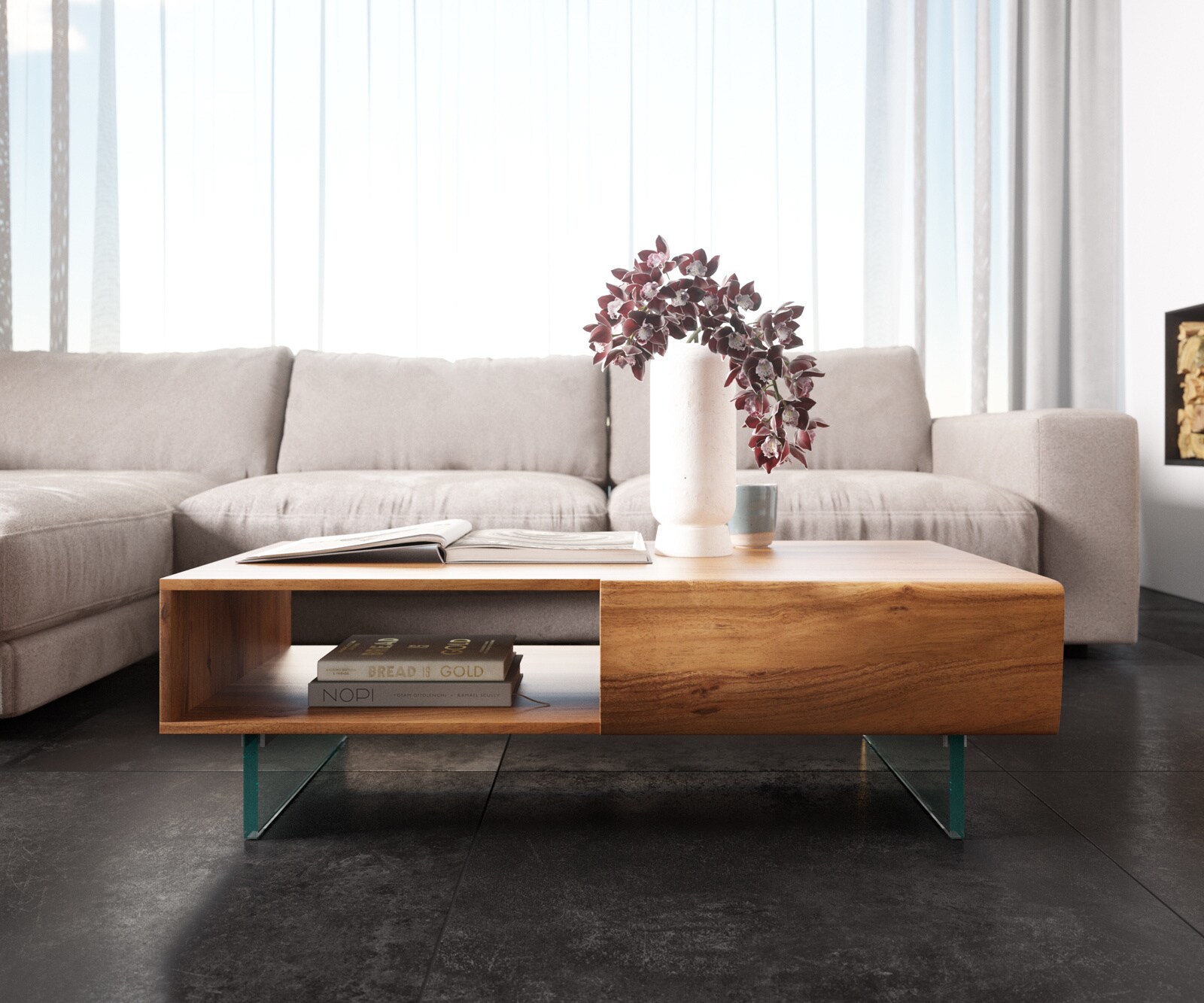 Холна маса Live-Edge 115x60 cm Акация Натурал 2 чекмеджета 1 отделение Стъкленплаващ крак New 1