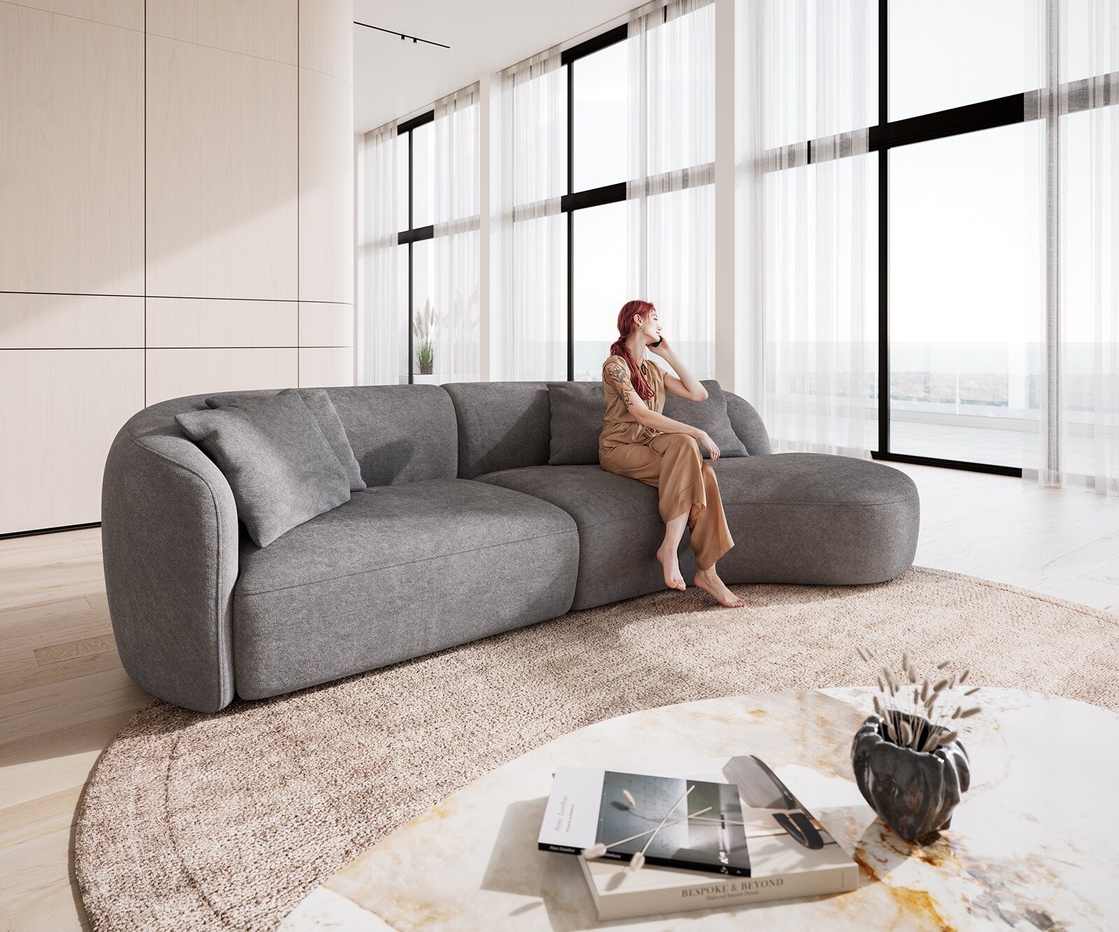 Диван Mairi 330х160 см, микрофибър, сив 3
