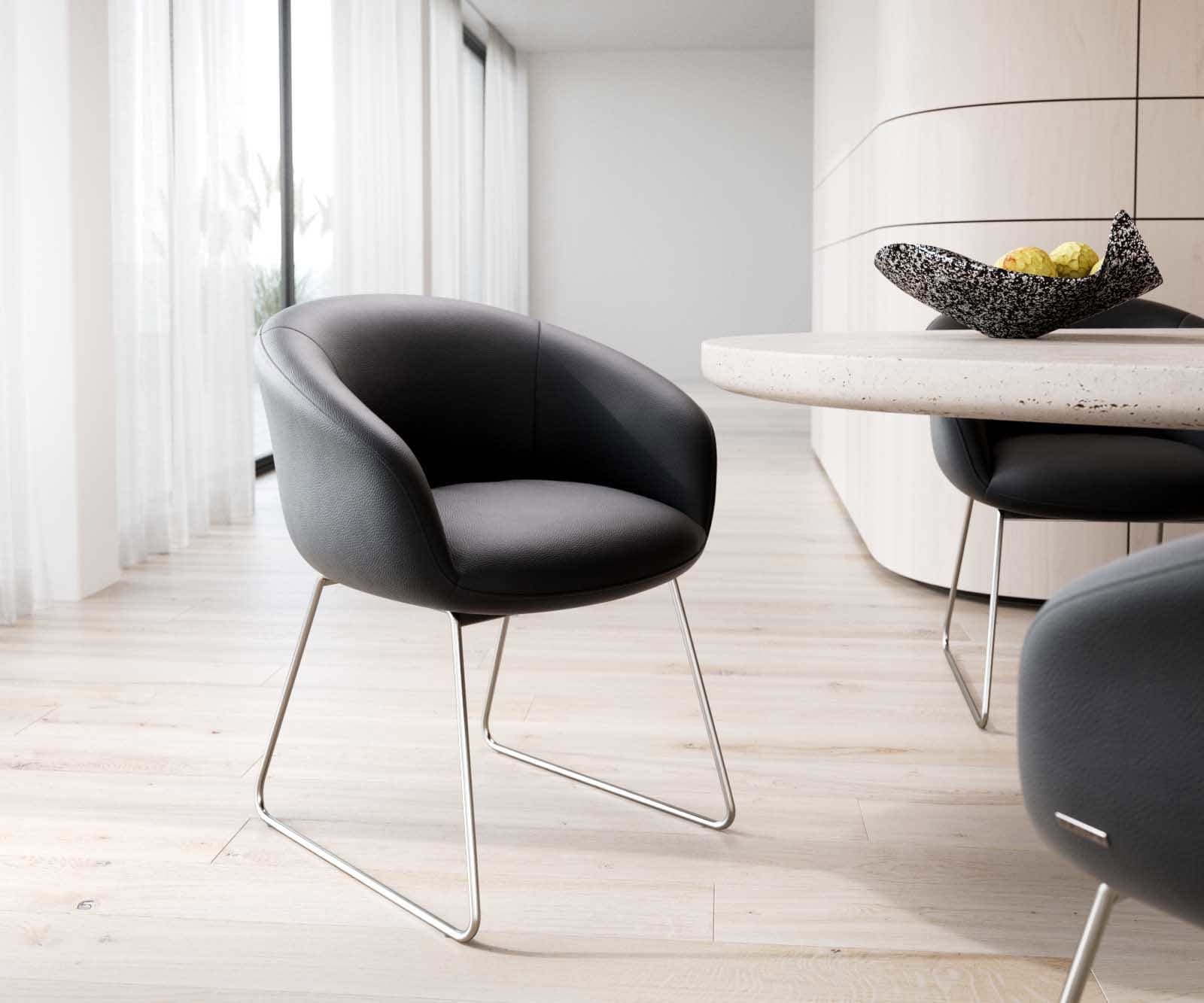 Трапезен стол с подлакътници Естествена кожа Черен Извити крака Неръждаема стомана Покет пружина Vinka-Flex Трапезен стол с подлакътници Естествена кожа Черен Извити крака Неръждаема стомана Покет пружина Vinka-Flex