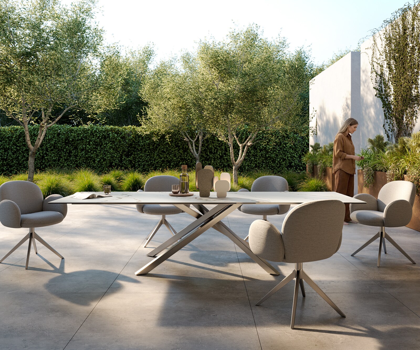 Луксозна външма маса Edge 300x100 см, керамичен правоъгълен плот Calacatta Luxe. Кръстовидна основа Бяло/Златно/Сиво 1