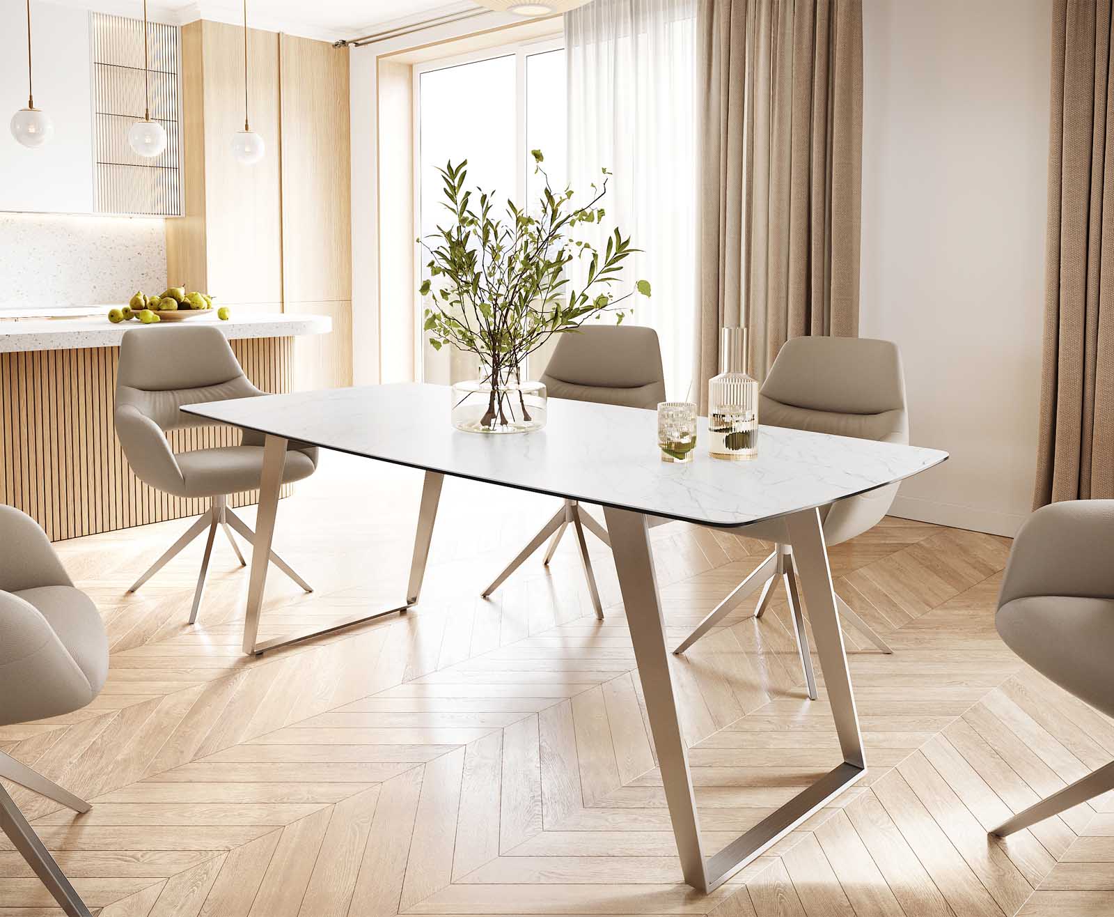 Маса Bootsform 200x100 Keramik Laminam® Statuarietto Бял Неръждаема стомана под ъгъл Edge