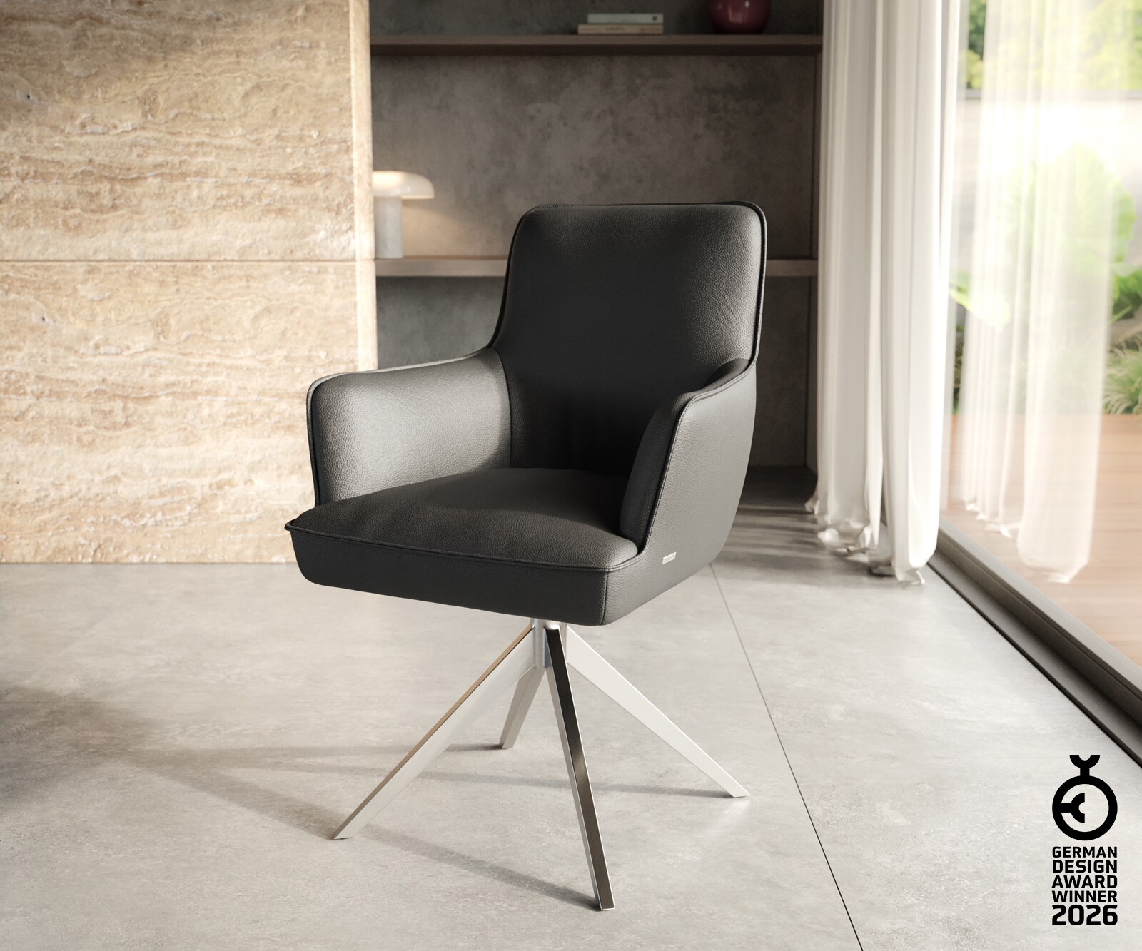 Врътящ се стол с подлакътници Естествена кожа Черен Конус крак плосък Неръждаема стомана 360° въртящ се Покет пружина Heira-Flex