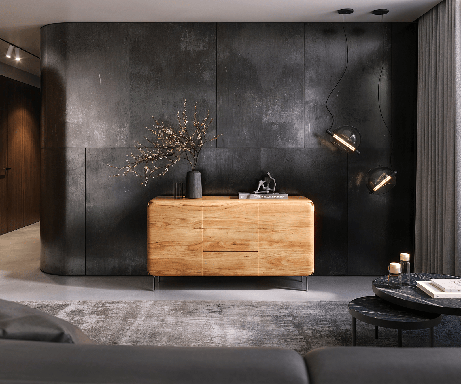 Шкаф Shavani 145 см, естествена акация, 2 врати, 3 чекмеджета L-база неръждаема стомана сребро 1