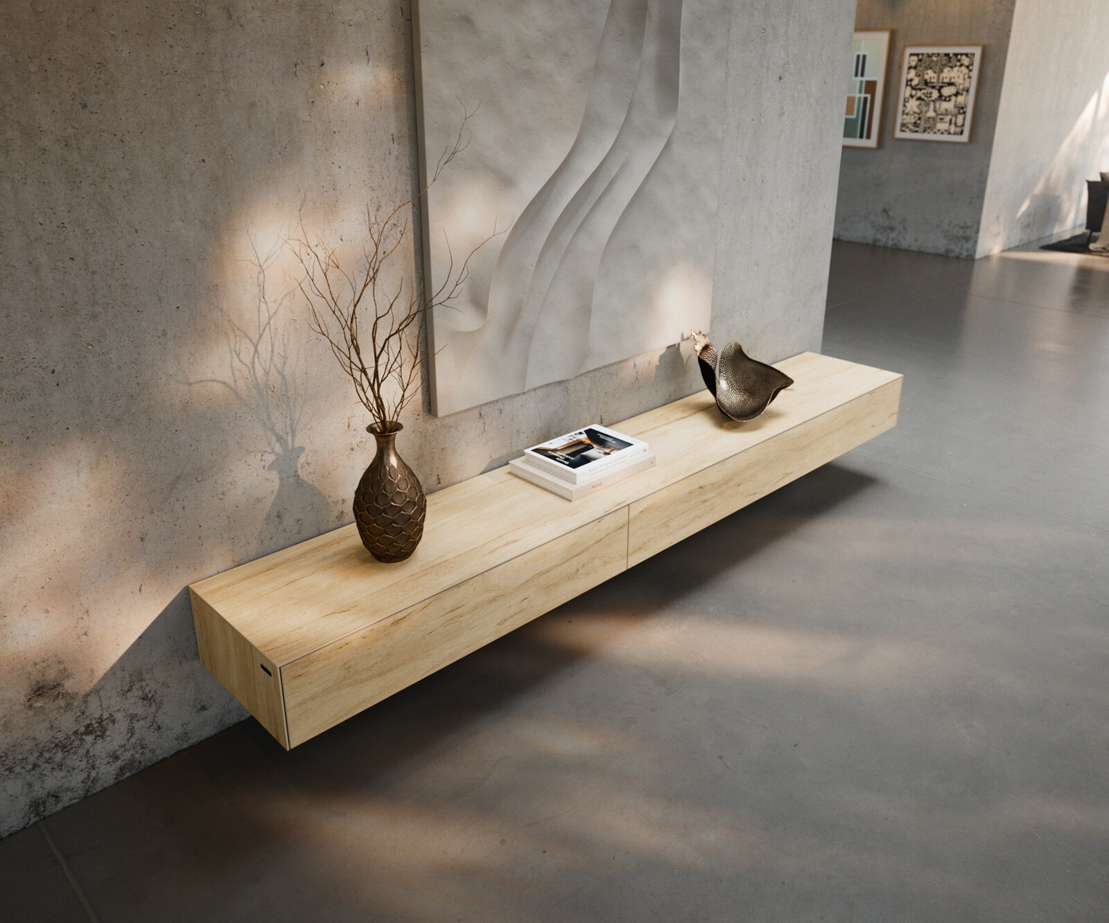 Стенен ТВ шкаф Cuor 250 см Керамика Laminam® Sabbia Дъб цвят 1 врата 1 чекмедже  3