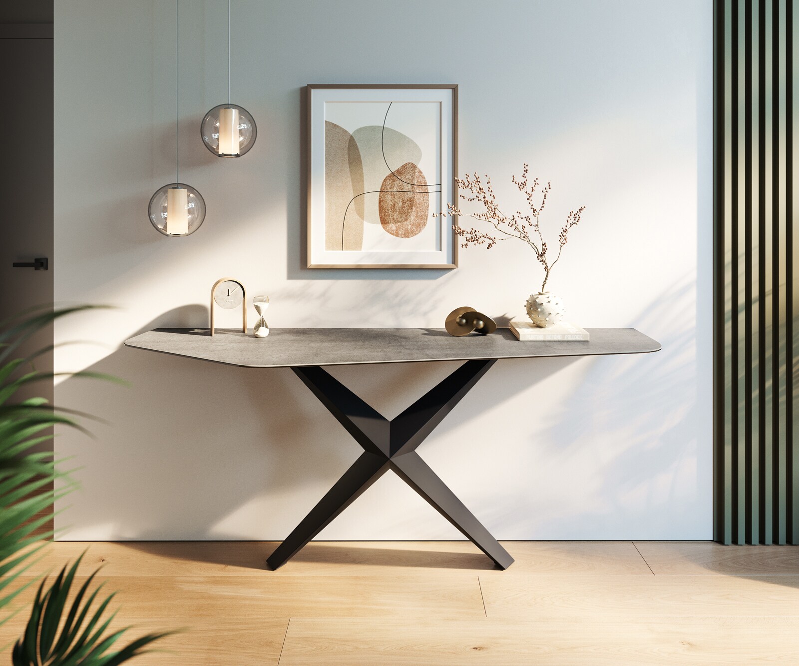 Конзолна маса Edge Polygonal 180x50 см, керамика и бетон в сиво, Zentharo, метал в черно 1