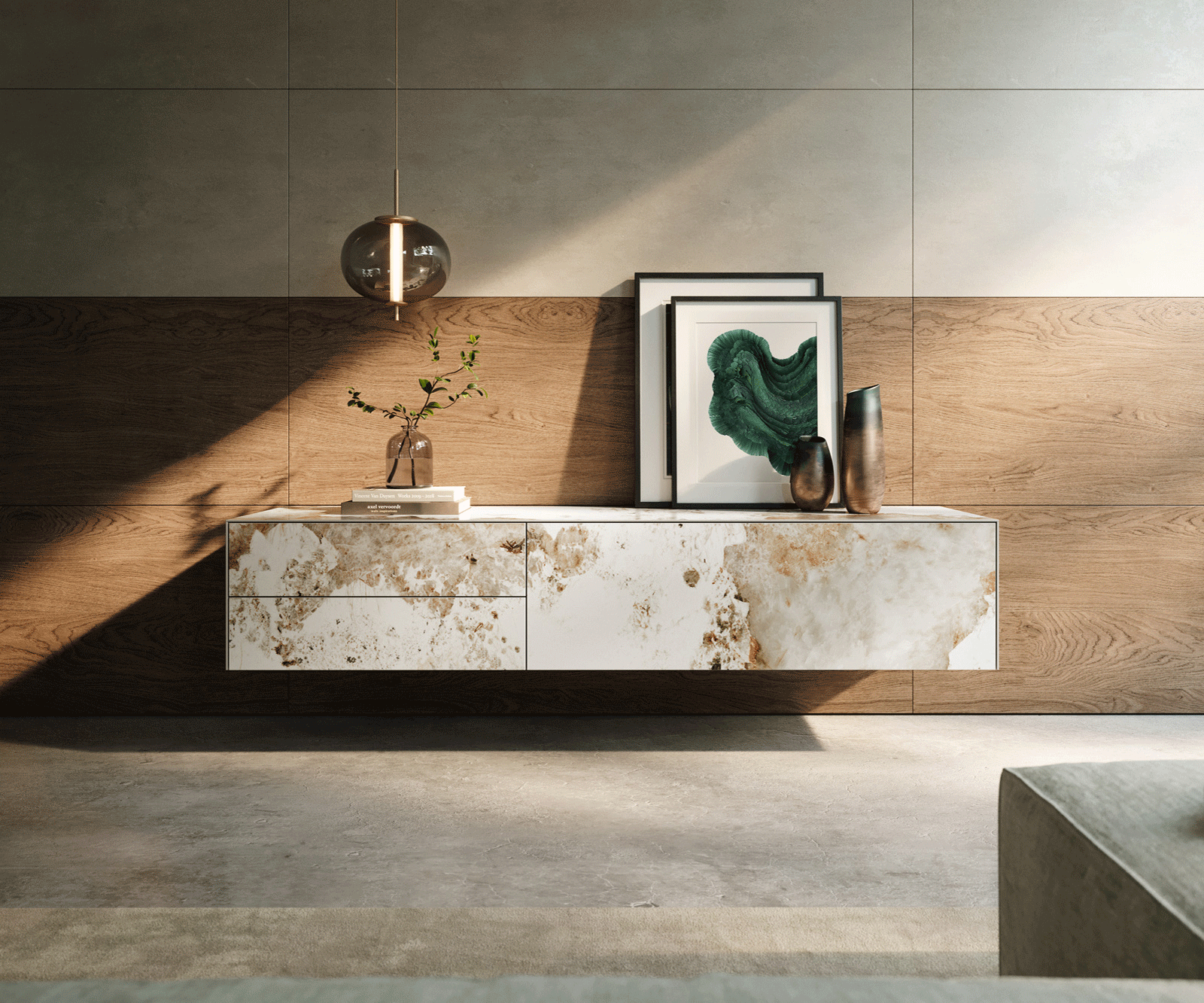 Нисък плот Cuor 180 cm керамика Minas Melange бяло-бежово 1 клапа 2 чекмеджета плаващи 2