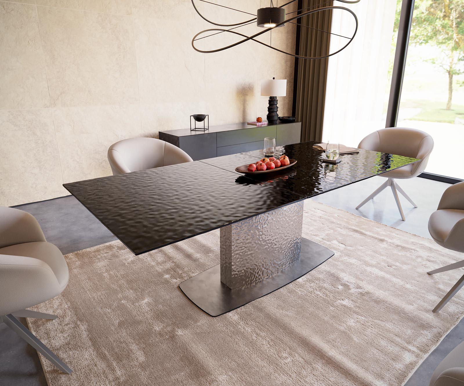 Маса 180-220x100 РелефноСтъкло ОпушеноЧерен 3D-Design Wave Неръждаема стомана разтегателна Edge