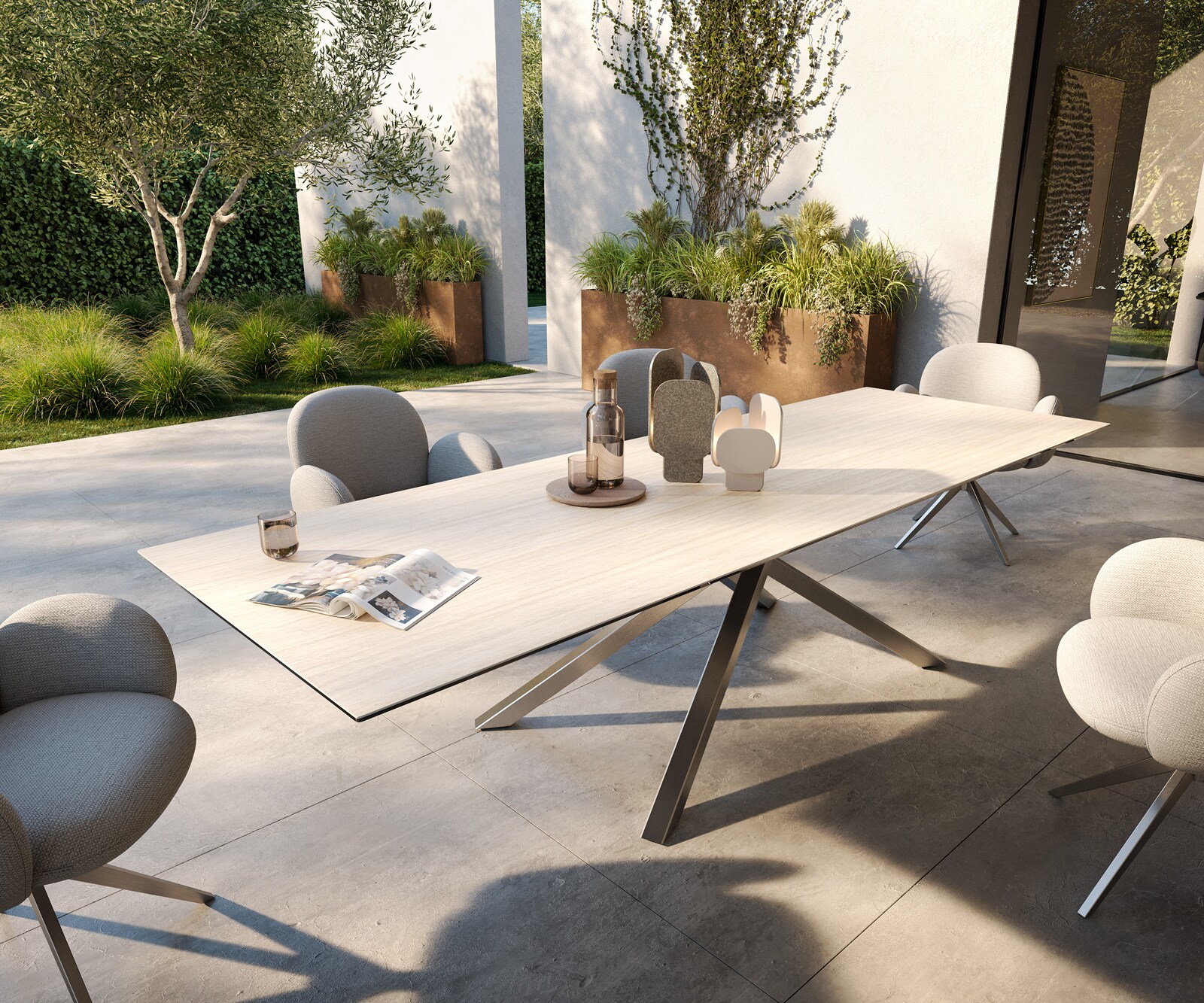 Луксозна външна маса Edge 300x100 см, керамичен правоъгълен плот Laminam ® Travertino Bianco, Кръстовидна основа, Крем-бяло/Сребристосив