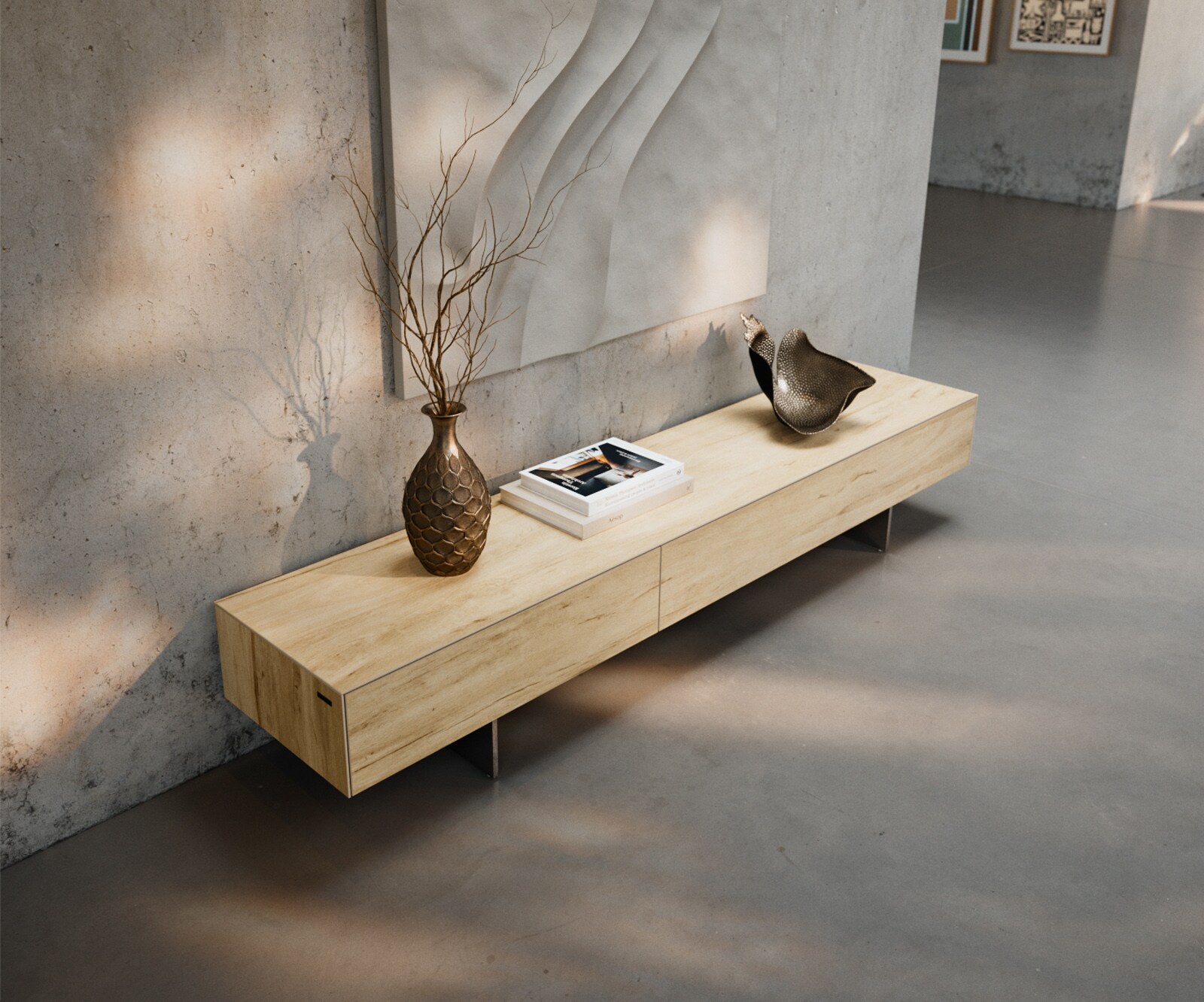 Ниска дъска Cuor 200 cm Керамичен ламинат® Sabbia Дъбов цвят 1 капак 1 чекмедже Основа Окачен вид неръждаема стомана 4