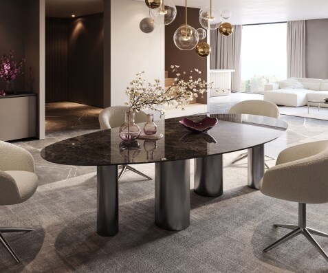 Трапезна маса Edge Oval 280x130, керамика Laminam „®“, Emperador Extra Lucidato, тъмнокафяво, Pilier, неръждаема стомана, графит