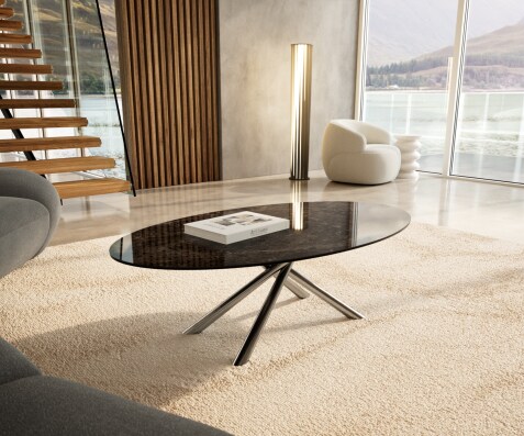Масичка за кафе Edge Oval 140x80 cm Керамичен ламинат® Emperador Extra Lucidato Тъмно кафяво Sarity Матирана неръждаема стомана