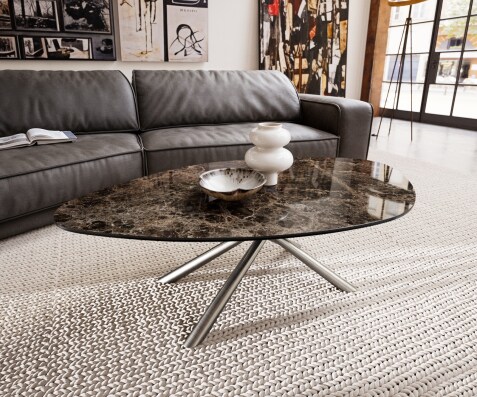 Масичка за кафе Edge Organic 140x76 cm Керамичен ламинат® Emperador Extra Lucidato Тъмнокафяво Sarity Матирана неръждаема стомана