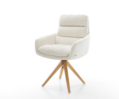 Въртящ се стол „Abelia-Flex“ с подлакътници „Bouclé Soft Beige“, дървена рамка с изчистени линии в естествен цвят, с възможност за завъртане на 180°