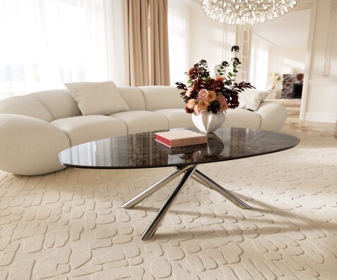 Холна маса Edge Oval, 140x75 см, Керамика Laminam® Emperador, Extra Lucidato, тъмнокафяво, Sarity основа от матирана неръждаема стомана