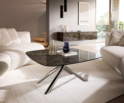 Масичка за кафе Edge Boot 90x90 cm керамика Laminam® Emperador Extra Lucidato Тъмно кафяво Sarity Матирана неръждаема стомана